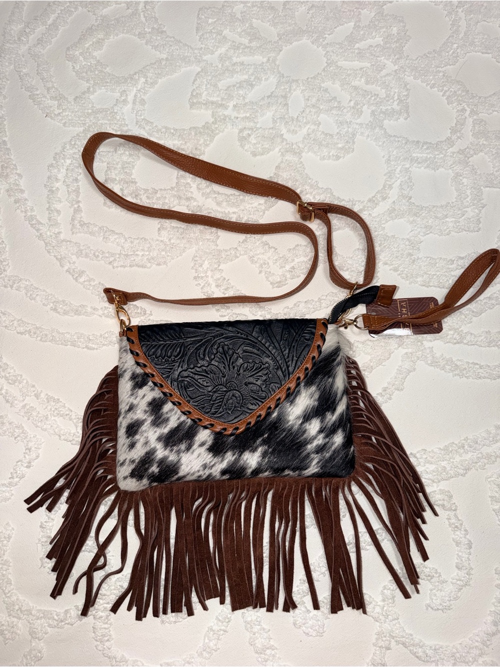 Fringe Crossbody Bag/Wristlet with Black & White Haircalf Accent